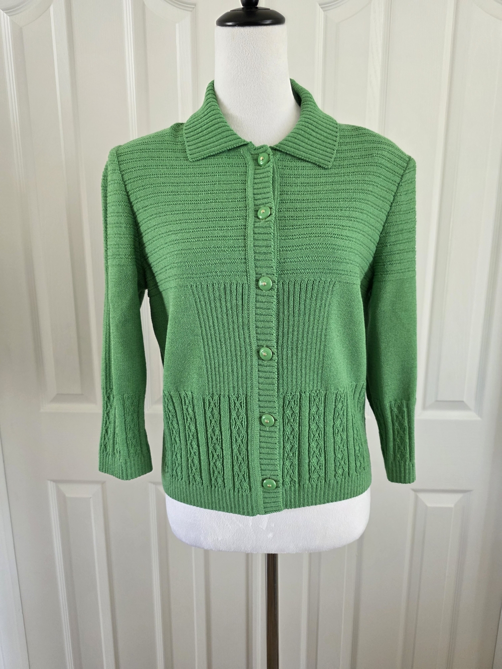 St John Sport Kelly Green Wool Blend Collared Cardigan Sweater Size S